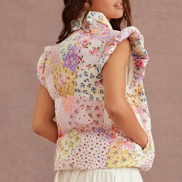 Multicolor Boho Women's flower Print Cute Bow Front Puffer Vest jacket - Picture 5 of 5